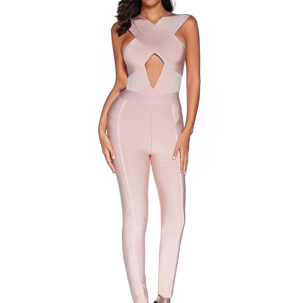 Beige/Nude Crossover Bandage Jumpsuit